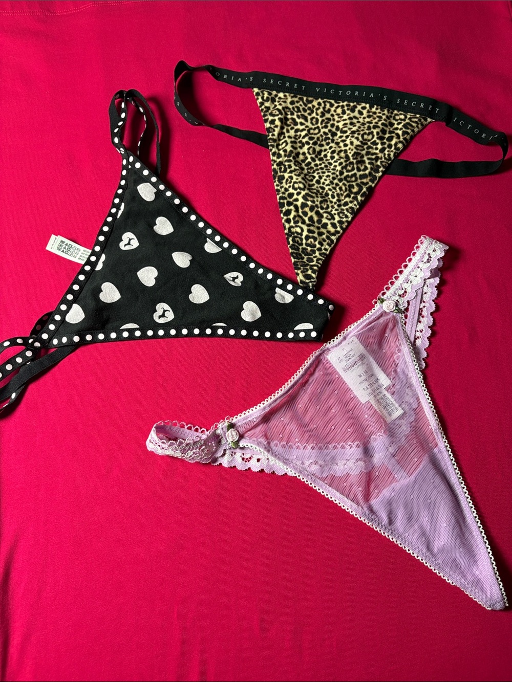Victoria's Secret Leopard, Black Heart & Lilac Sheer Thong Set